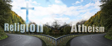 Photo for Choice between atheism and religion. Two roads with words leading in different directions - Royalty Free Image