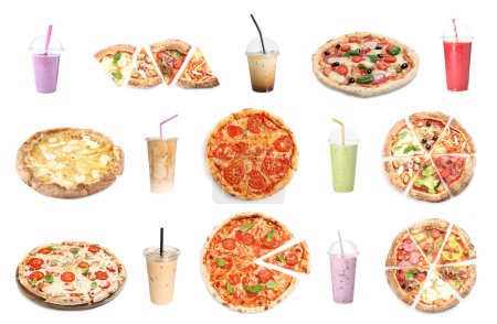 Téléchargez les photos : Collage avec différentes délicieuses pizzas et boissons sur fond blanc - en image libre de droit