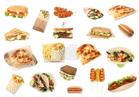 Collage con diferentes deliciosa comida rápida sobre fondo blanco