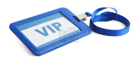 Blue plastic VIP badge isolated on white