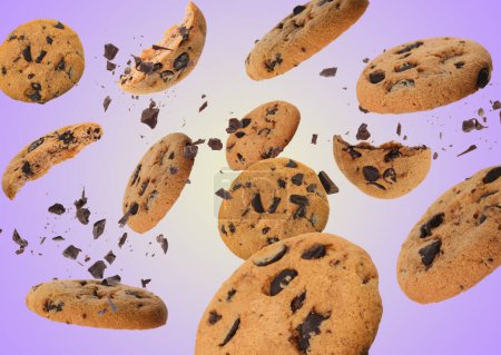 Tasty chocolate chip cookies falling on violet gradient background