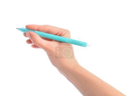 Photo for Woman holding erasable pen on white background, closeup - Royalty Free Image