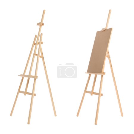 Photo for Wooden easel isolated on white, one with canvas - Royalty Free Image