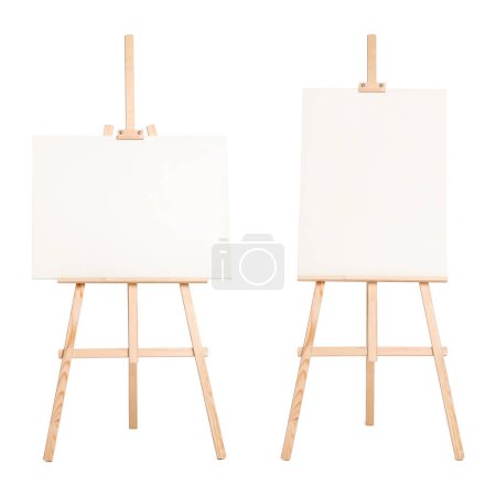 Photo for Wooden easel with different canvases isolated on white - Royalty Free Image