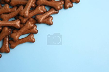 Téléchargez les photos : Bone shaped dog cookies on light blue background, flat lay. Space for text - en image libre de droit
