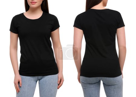 Photo for Woman wearing casual black t-shirt on white background, closeup. Collage with back and front view photos. Mockup for design - Royalty Free Image