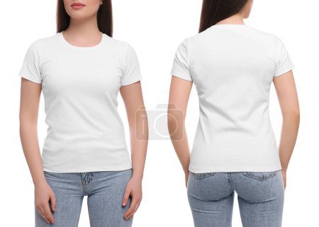 Photo for Woman wearing casual t-shirt on white background, closeup. Collage with back and front view photos. Mockup for design - Royalty Free Image