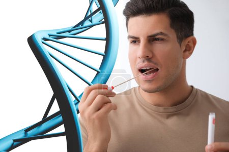 Téléchargez les photos : Homme prélevant des échantillons pour des tests génétiques sur fond blanc. Illustration de la structure ADN - en image libre de droit