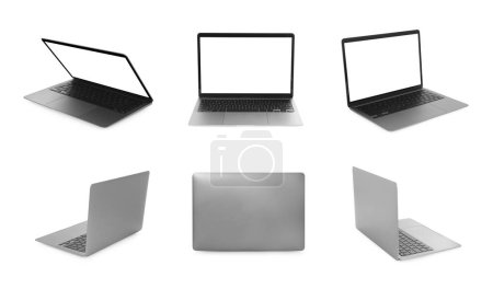 Collage mit modernem Laptop isoliert auf weiß, verschiedene Seiten