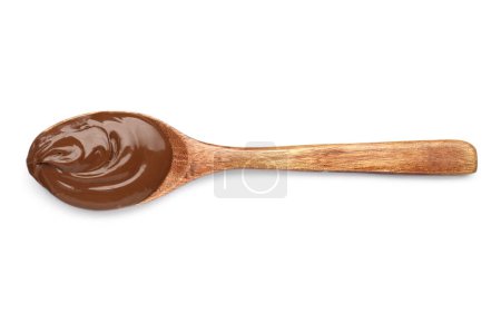 Foto de Cuchara con sabrosa pasta de chocolate sobre fondo blanco, vista superior - Imagen libre de derechos