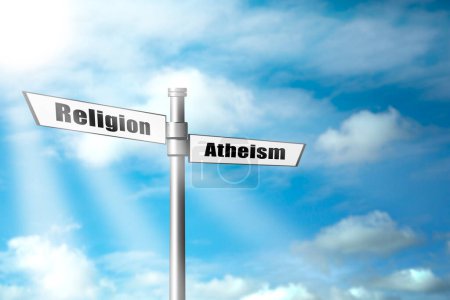 Foto de Elección entre ateísmo y religión. Señalización con palabras que apuntan en diferentes direcciones contra el hermoso cielo - Imagen libre de derechos