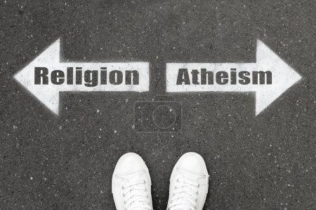 Photo for Choice between atheism and religion. Woman standing on road near arrows marking, top view - Royalty Free Image