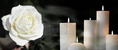 Téléchargez les photos : Des funérailles. Rose blanche et bougies allumées sur fond noir, conception de bannière - en image libre de droit