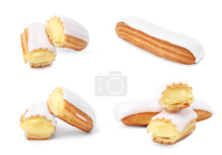 Collage with tasty glazed eclairs on white background