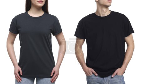 Des gens portant des t-shirts noirs sur fond blanc, gros plan. Maquette pour le design