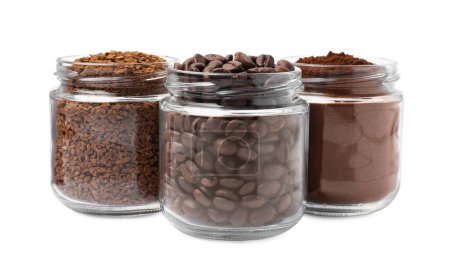 Photo for Jars with different types of coffee on white background - Royalty Free Image