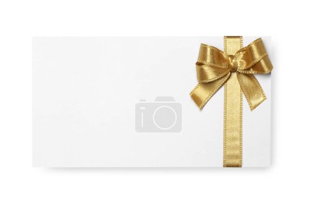 Carte cadeau vierge avec noeud doré isolé sur blanc, vue de dessus