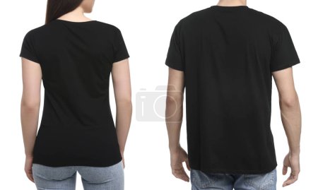 People wearing black t-shirts on white background, back view. Mockup for design