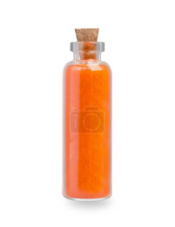 Téléchargez les photos : Bouteille en verre de colorant alimentaire orange isolé sur blanc - en image libre de droit