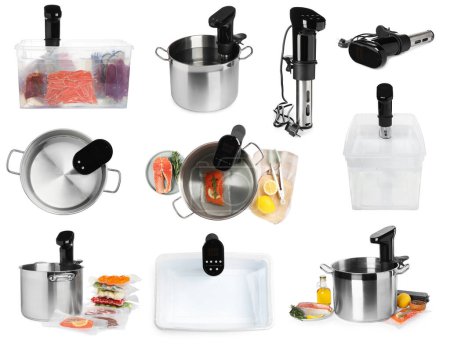 Collage with sous vide cookers, pots, container and vacuum packed products isolated on white. Thermal immersion circulator