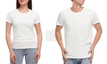 Photo for People wearing casual t-shirts on white background, closeup. Mockup for design - Royalty Free Image