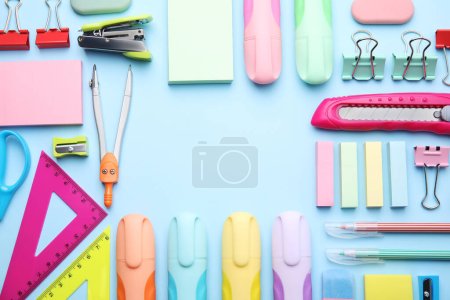 Photo for Frame of different school stationery on light blue background, flat lay. Back to school - Royalty Free Image