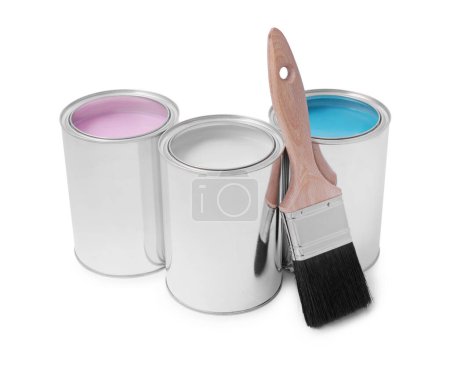 Photo for Cans with different paints and brush on white background - Royalty Free Image