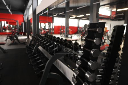Foto de Muchas pesas diferentes en el stand en el gimnasio - Imagen libre de derechos