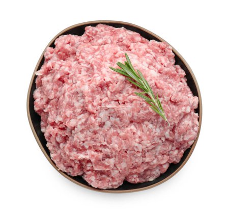 Bowl of raw fresh minced meat with rosemary isolated on white, top view