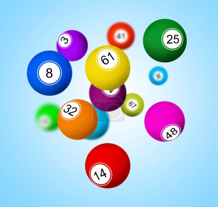 Viele Lottokugeln fallen auf hellblauem Hintergrund