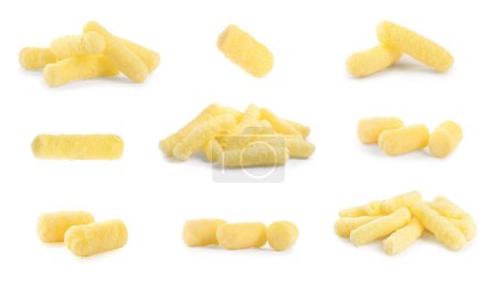 Photo for Collage with tasty corn sticks on white background - Royalty Free Image