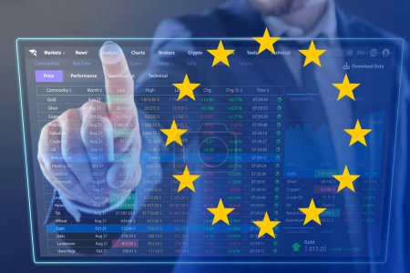 Photo for Stock exchange. Double exposure with European flag and man using digital screen with trading data - Royalty Free Image