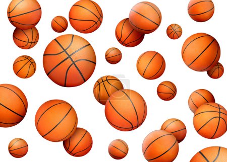 Foto de Muchas pelotas de baloncesto cayendo sobre fondo blanco - Imagen libre de derechos