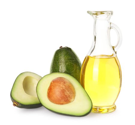 Cooking oil and fresh avocados isolated on white