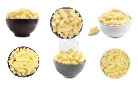 Photo for Bowls with tasty corn sticks on white background, top and side views. Collage design - Royalty Free Image