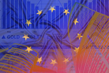 Photo for Stock exchange. Multiple exposure with European flag, buildings, trading data and graph - Royalty Free Image