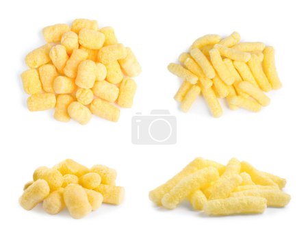 Photo for Piles with tasty corn sticks on white background, collage design - Royalty Free Image
