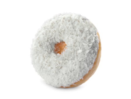 Téléchargez les photos : Donut savoureux avec copeaux de noix de coco sur fond blanc - en image libre de droit