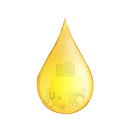 Gota de aceite vegetal con burbujas sobre fondo blanco