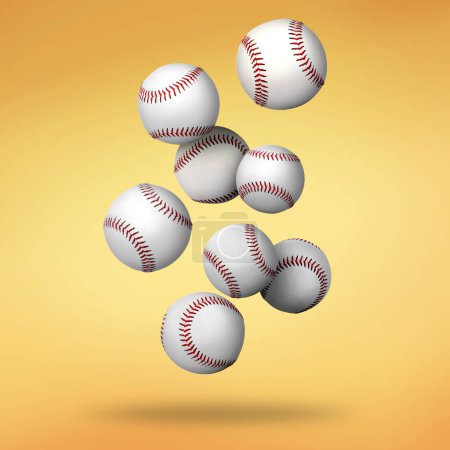 Téléchargez les photos : Beaucoup de balles de baseball tombant sur fond de dégradé doré - en image libre de droit