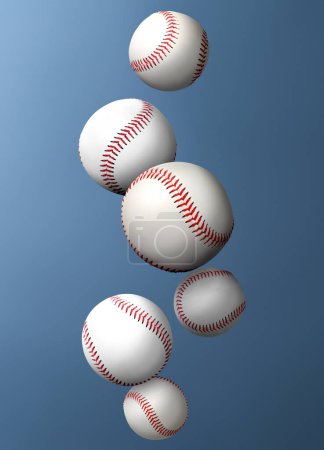 Foto de Muchas bolas de béisbol cayendo sobre fondo de gradiente azul acero - Imagen libre de derechos