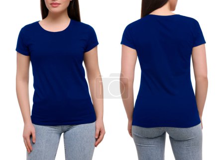 Photo for Collage with photos of woman in blue t-shirt on white background, closeup. Back and front views for mockup design - Royalty Free Image
