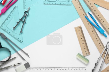 Photo for Flat lay composition with different rulers and compasses on color background. Space for text - Royalty Free Image