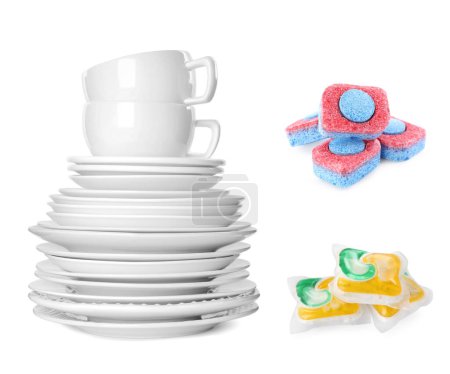 Foto de Diferentes detergentes para lavavajillas y pila de vajilla limpia aislada en blanco, diseño de collage - Imagen libre de derechos