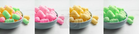Photo for Collage of bowls with colorful corn puffs on white background - Royalty Free Image