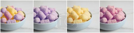 Photo for Collage of bowls with colorful corn puffs on white marble table - Royalty Free Image