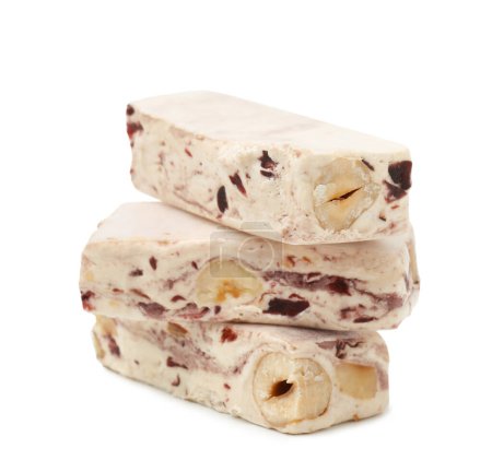 Photo for Pieces of delicious nougat on white background - Royalty Free Image