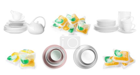 Foto de Collage con vainas de lavavajillas y vajilla limpia aislada en blanco - Imagen libre de derechos