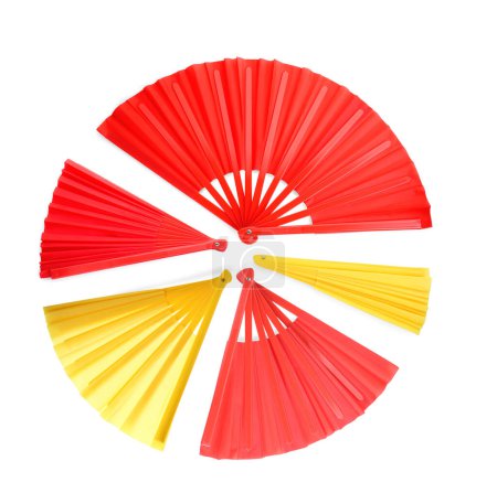 Photo for Set of red and yellow hand fans on white background, top view - Royalty Free Image