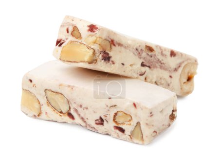 Photo for Pieces of delicious nougat on white background - Royalty Free Image